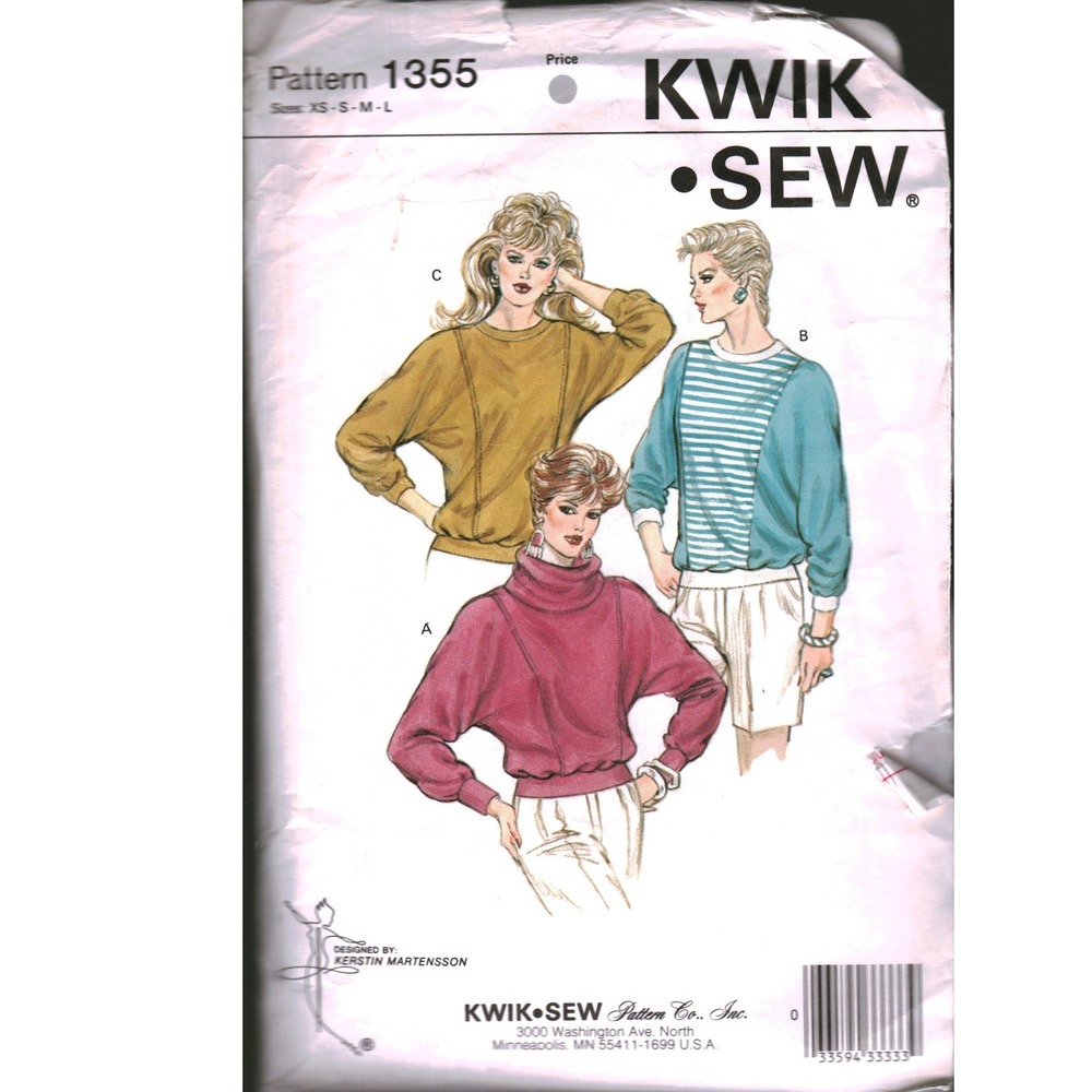 Vintage Kwik Sew 1355 Misses Top Sewing Pattern Dolman Sleeve Cowl Neck XS